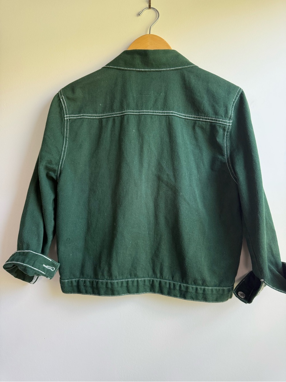 UNIF Forest Green Denim Trucker Jacket with White Stitching - Picture 3 of 5